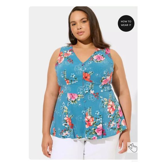 Torrid Blue Floral Rayon Slub Button Up With Waist Detail Tank Blouse Sz.3 - Picture 2 of 16